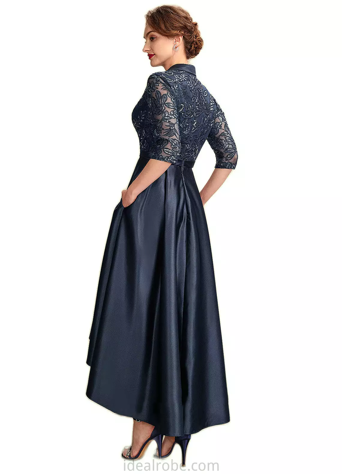 Abby A-Line V-neck Asymmetrical Satin Lace Mother of the Bride Dress With Sequins Pockets STK126P0015008