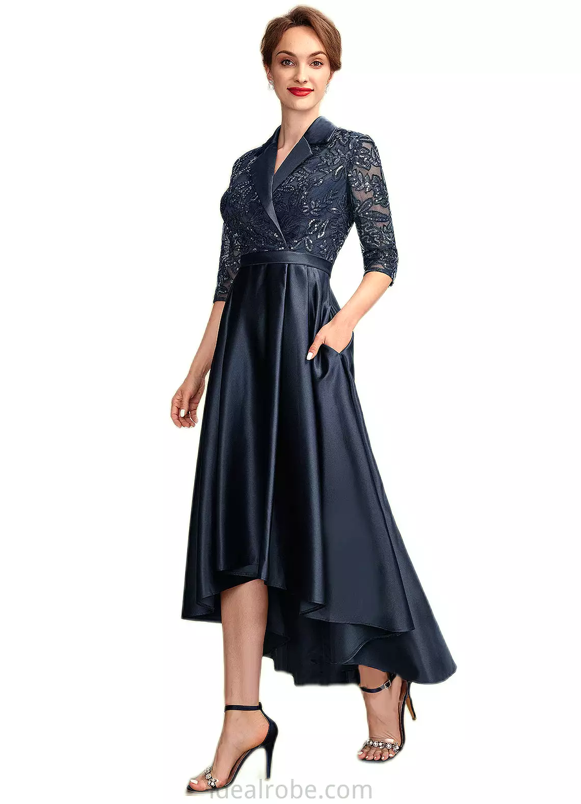 Abby A-Line V-neck Asymmetrical Satin Lace Mother of the Bride Dress With Sequins Pockets STK126P0015008