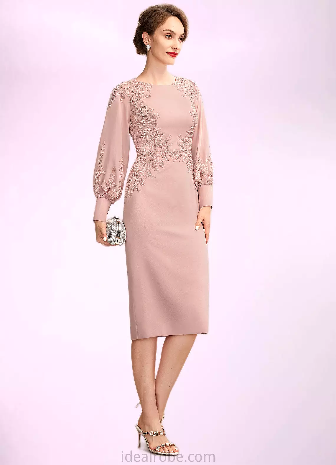 Alice Sheath/Column Scoop Neck Knee-Length Chiffon Lace Mother of the Bride Dress With Beading Sequins STK126P0015020