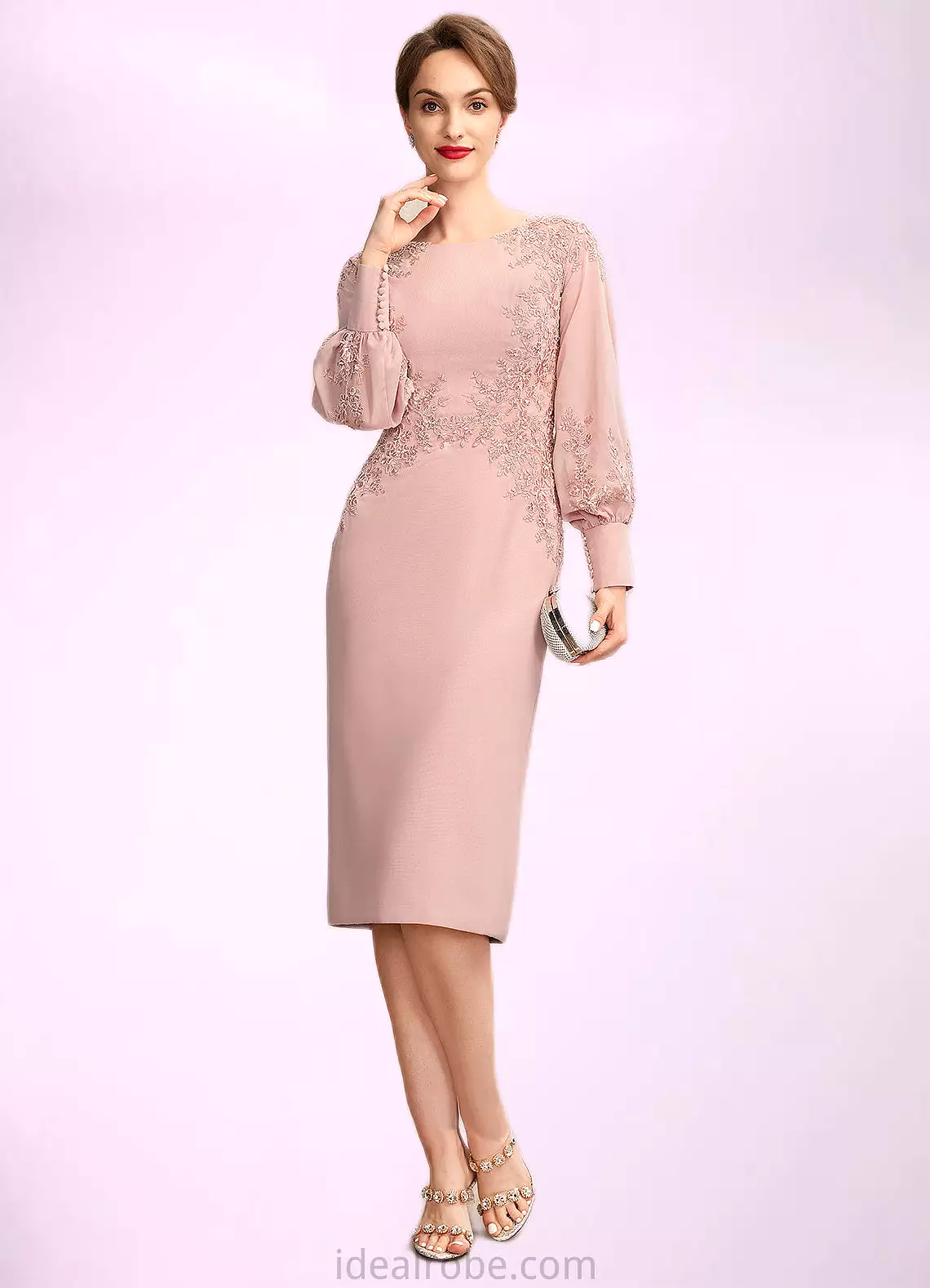 Alice Sheath/Column Scoop Neck Knee-Length Chiffon Lace Mother of the Bride Dress With Beading Sequins STK126P0015020