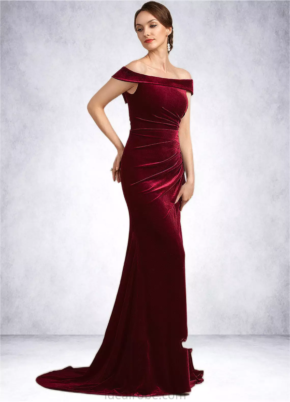 Bella Trumpet/Mermaid Off-the-Shoulder Sweep Train Velvet Mother of the Bride Dress With Ruffle STK126P0014988