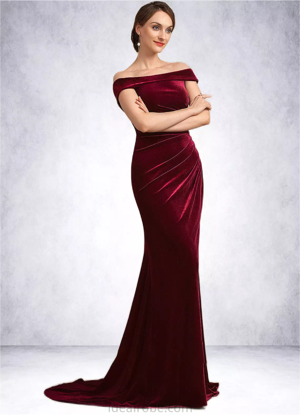 Bella Trumpet/Mermaid Off-the-Shoulder Sweep Train Velvet Mother of the Bride Dress With Ruffle STK126P0014988