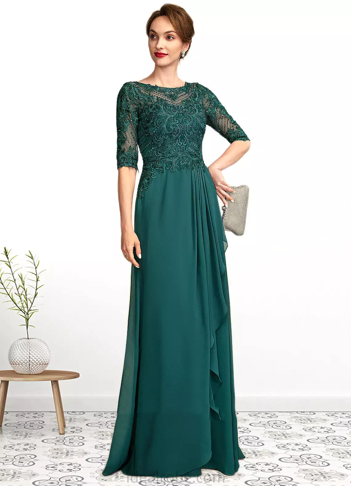 Brianna A-Line Scoop Neck Floor-Length Chiffon Lace Mother of the Bride Dress With Beading Sequins Cascading Ruffles STK126P0015