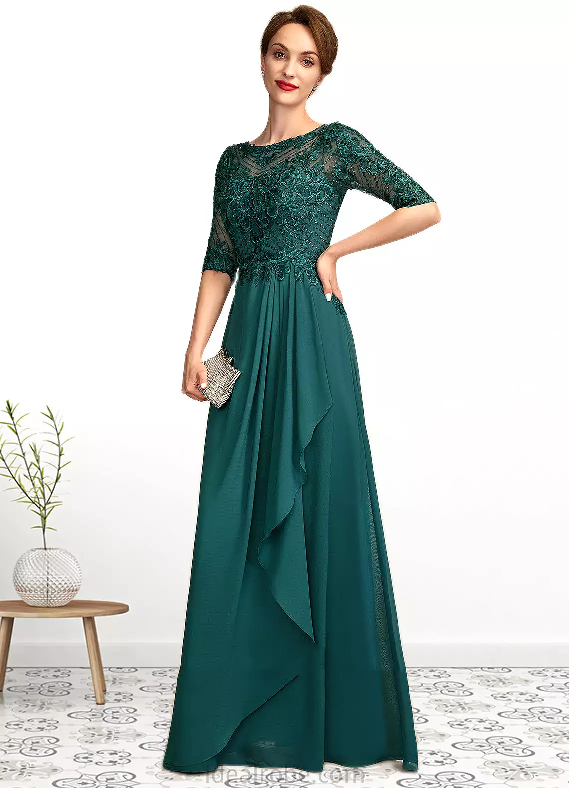 Brianna A-Line Scoop Neck Floor-Length Chiffon Lace Mother of the Bride Dress With Beading Sequins Cascading Ruffles STK126P0015