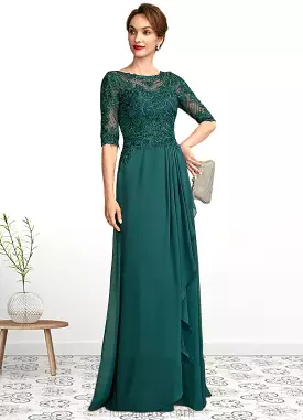 Brianna A-Line Scoop Neck Floor-Length Chiffon Lace Mother of the Bride Dress With Beading Sequins Cascading Ruffles STK126P0015