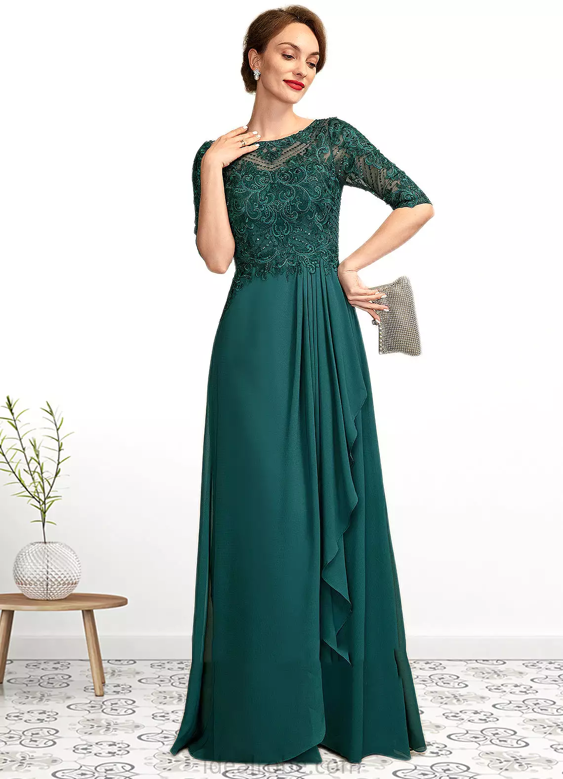 Brianna A-Line Scoop Neck Floor-Length Chiffon Lace Mother of the Bride Dress With Beading Sequins Cascading Ruffles STK126P0015