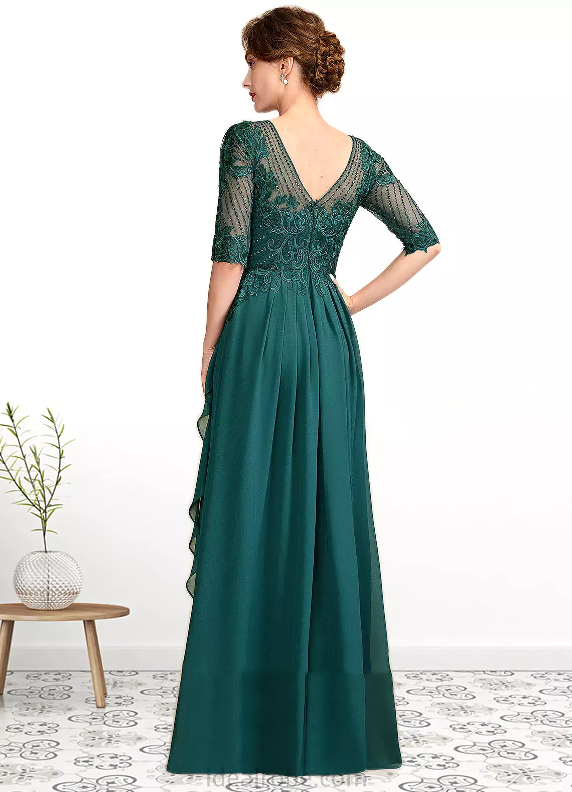 Brianna A-Line Scoop Neck Floor-Length Chiffon Lace Mother of the Bride Dress With Beading Sequins Cascading Ruffles STK126P0015