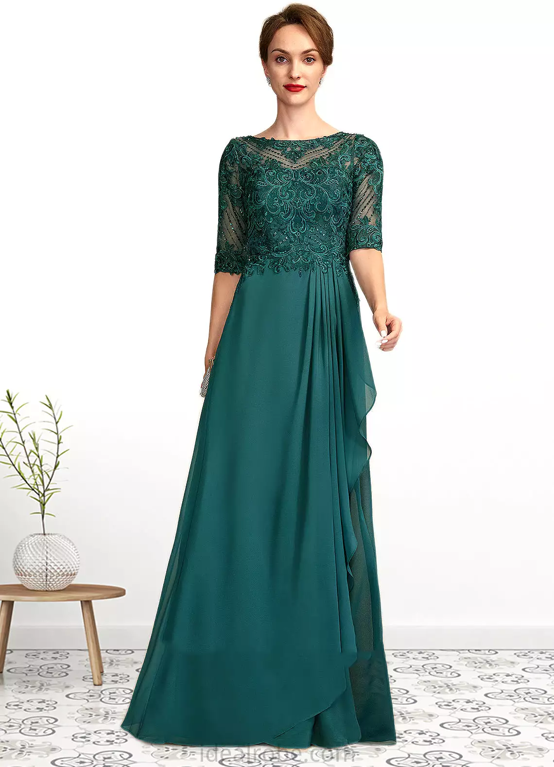 Brianna A-Line Scoop Neck Floor-Length Chiffon Lace Mother of the Bride Dress With Beading Sequins Cascading Ruffles STK126P0015