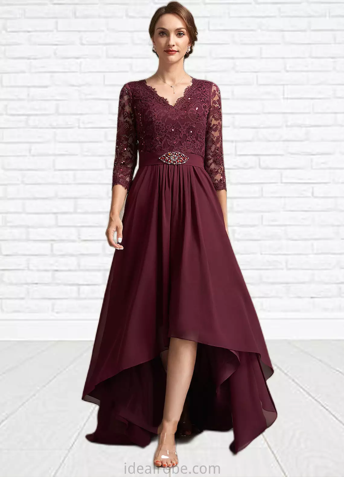 Brooklyn A-Line V-neck Asymmetrical Chiffon Lace Mother of the Bride Dress With Beading Sequins STK126P0014980