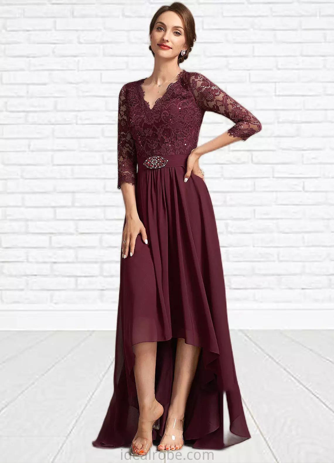 Brooklyn A-Line V-neck Asymmetrical Chiffon Lace Mother of the Bride Dress With Beading Sequins STK126P0014980