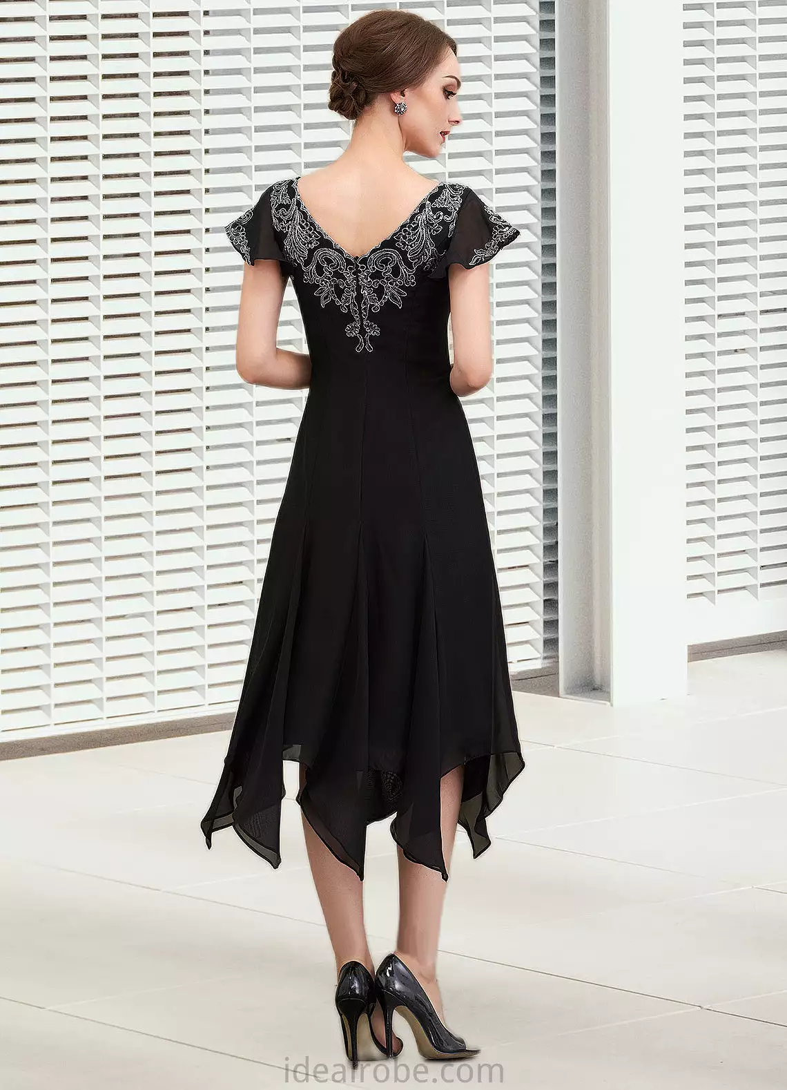 Clare A-Line V-neck Tea-Length Chiffon Lace Mother of the Bride Dress With Sequins STK126P0014967