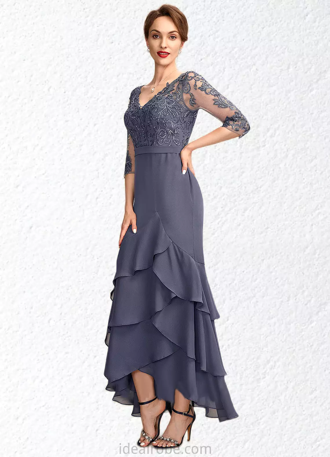 Destiny Trumpet/Mermaid V-neck Asymmetrical Chiffon Lace Mother of the Bride Dress With Sequins Cascading Ruffles STK126P0015007