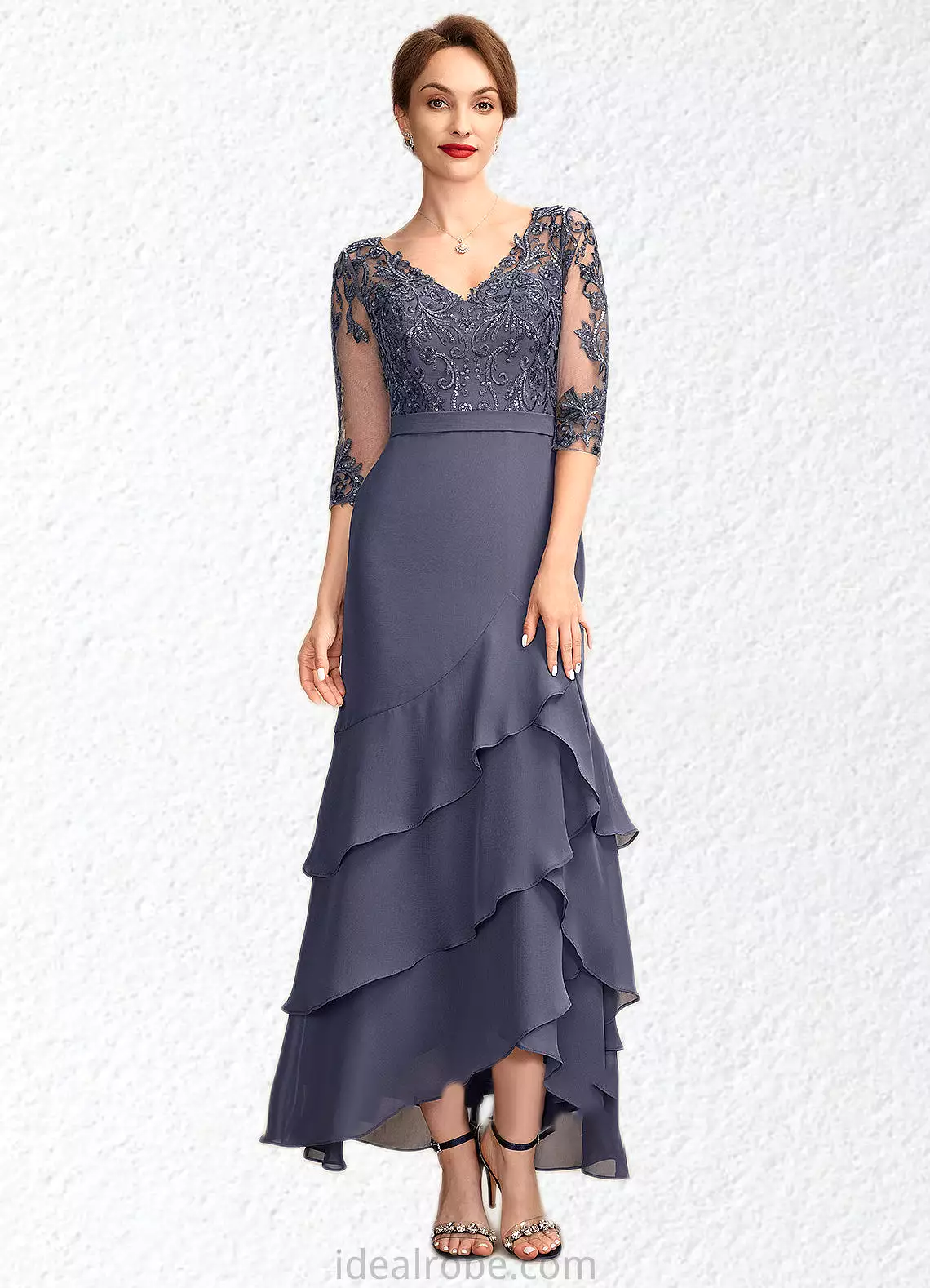 Destiny Trumpet/Mermaid V-neck Asymmetrical Chiffon Lace Mother of the Bride Dress With Sequins Cascading Ruffles STK126P0015007