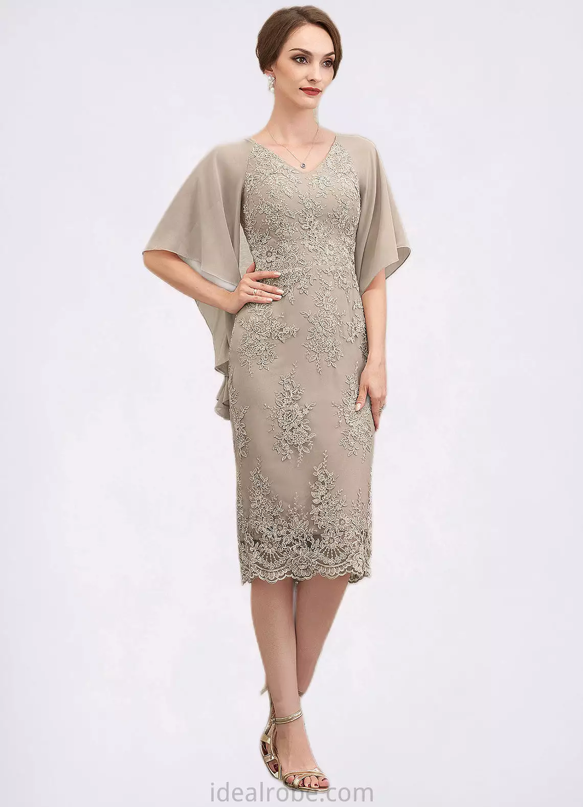 Eliana Sheath/Column V-neck Knee-Length Chiffon Lace Mother of the Bride Dress With Cascading Ruffles STK126P0014925