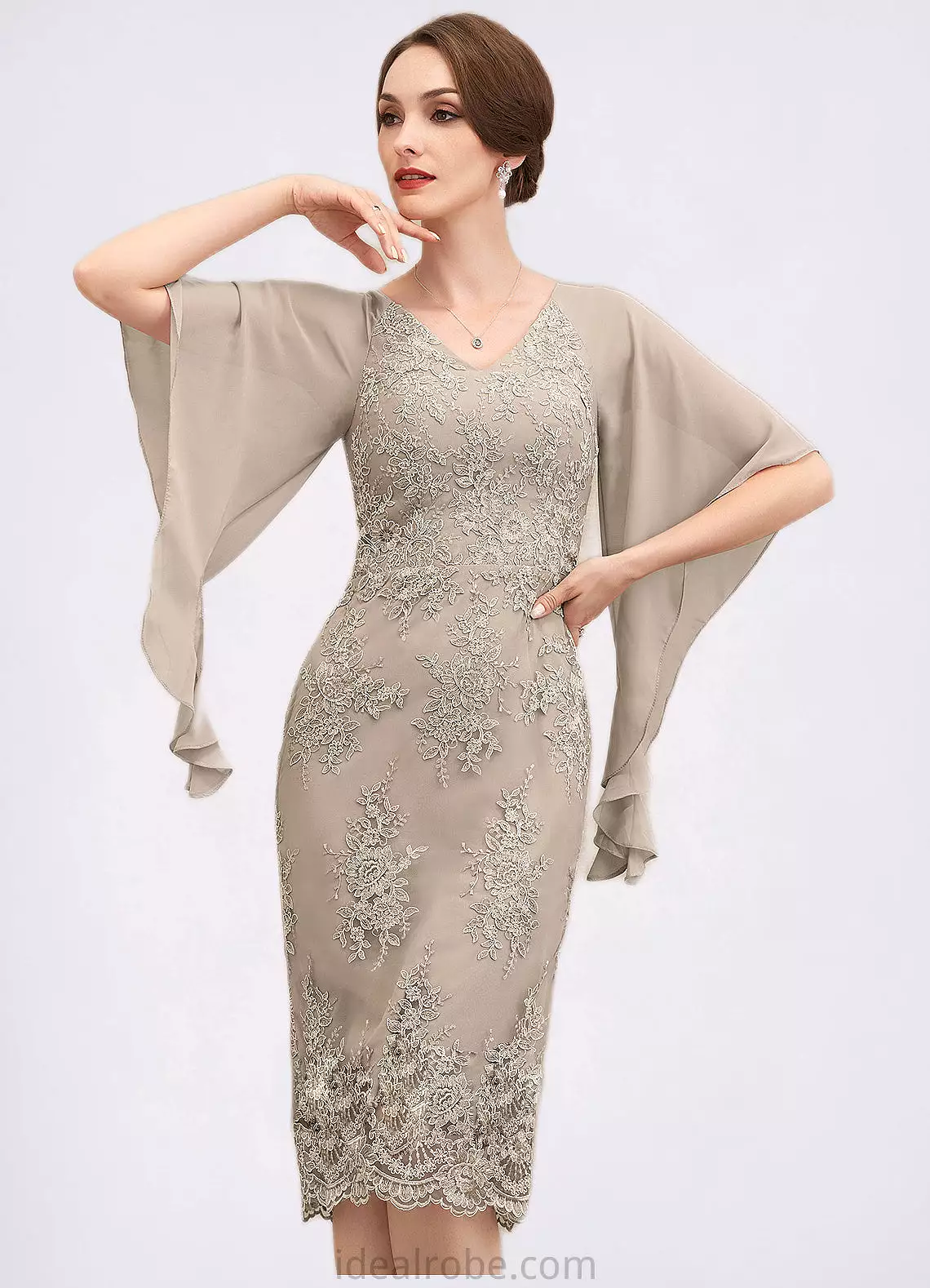 Eliana Sheath/Column V-neck Knee-Length Chiffon Lace Mother of the Bride Dress With Cascading Ruffles STK126P0014925