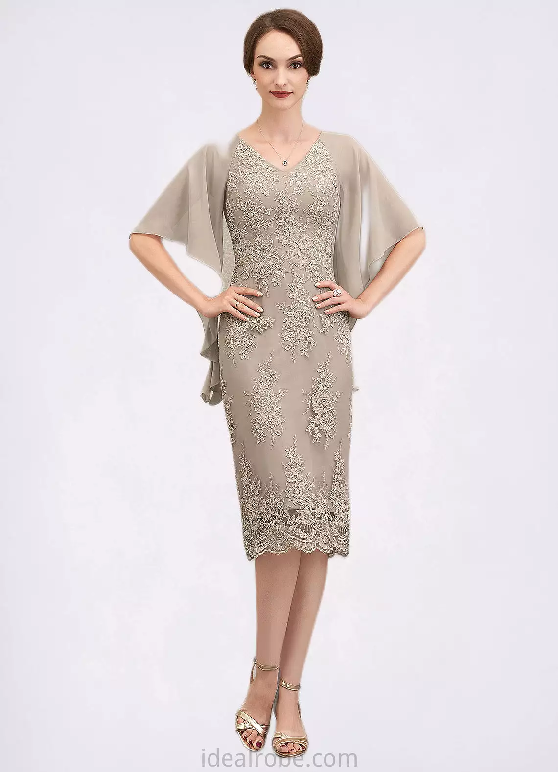 Eliana Sheath/Column V-neck Knee-Length Chiffon Lace Mother of the Bride Dress With Cascading Ruffles STK126P0014925