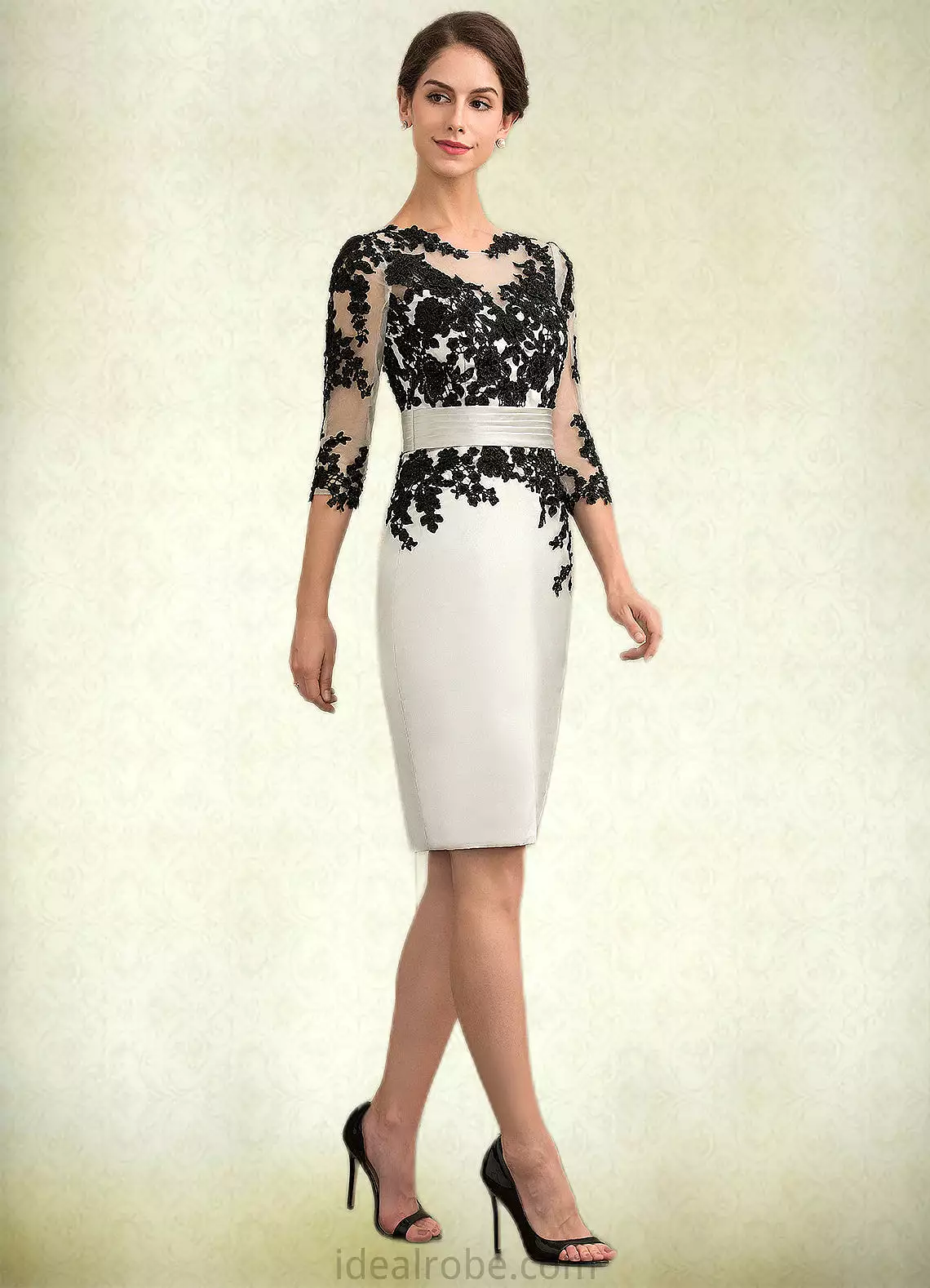 Genesis Sheath/Column Scoop Neck Knee-Length Satin Lace Mother of the Bride Dress With Beading Sequins STK126P0014916