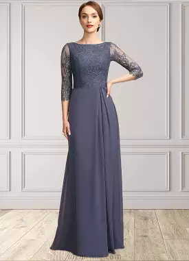 Georgia A-Line Scoop Neck Floor-Length Chiffon Lace Mother of the Bride Dress With Ruffle STK126P0014917