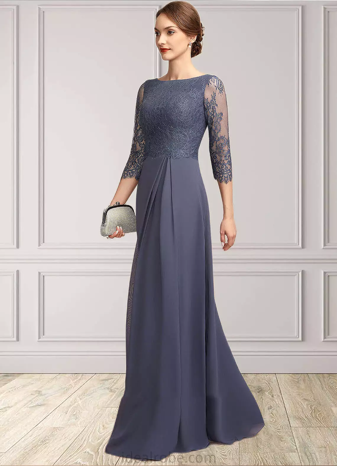 Georgia A-Line Scoop Neck Floor-Length Chiffon Lace Mother of the Bride Dress With Ruffle STK126P0014917