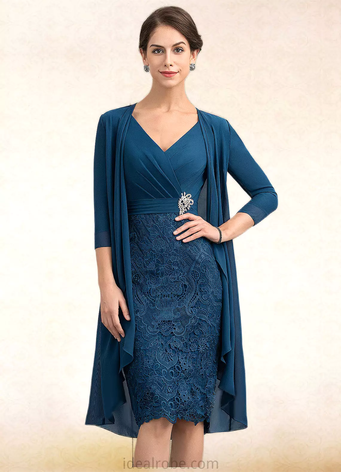 Jemima Sheath/Column V-neck Knee-Length Chiffon Lace Mother of the Bride Dress With Crystal Brooch STK126P0014972