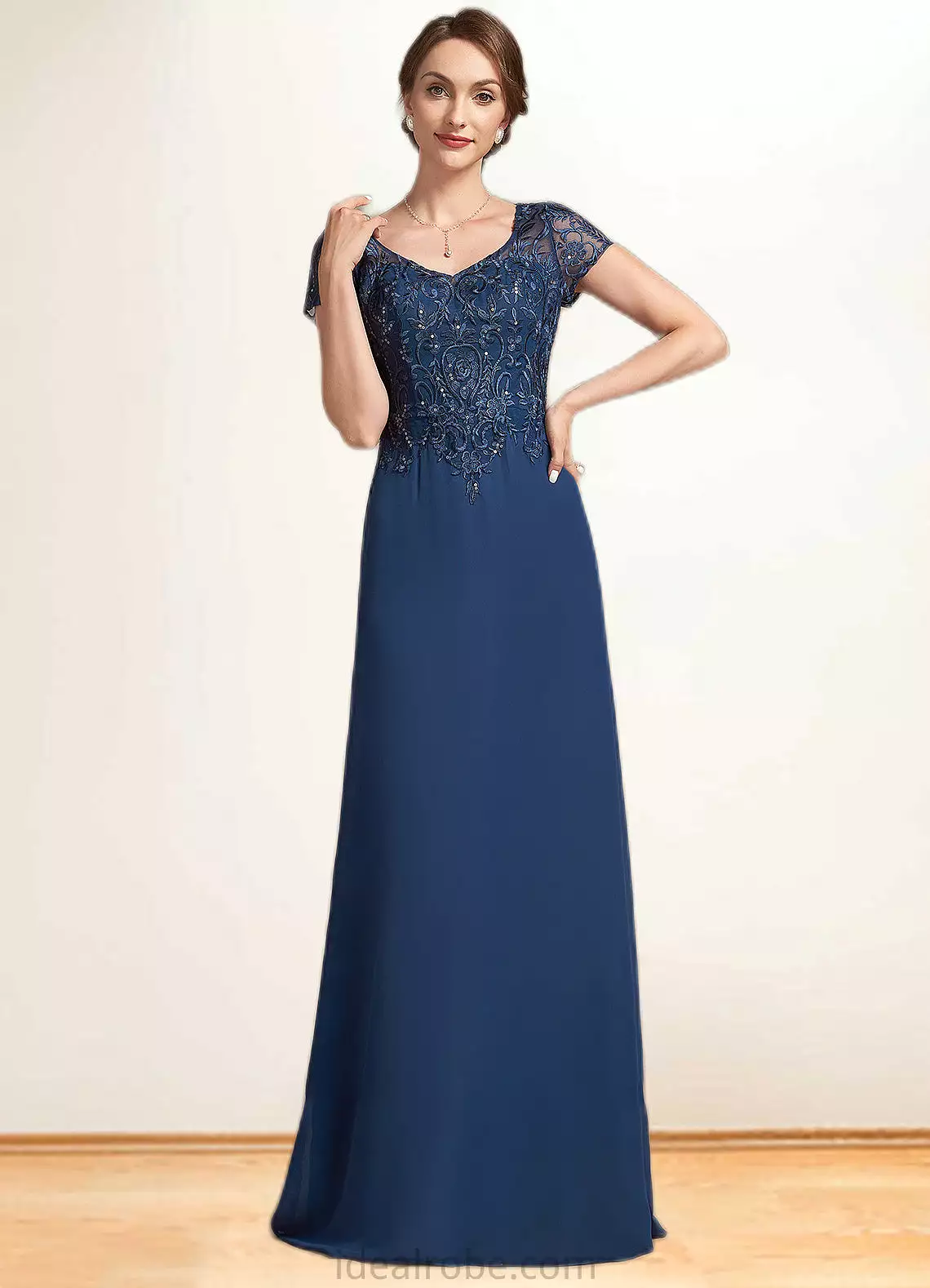 Kit A-Line V-neck Floor-Length Chiffon Lace Mother of the Bride Dress With Sequins STK126P0014938