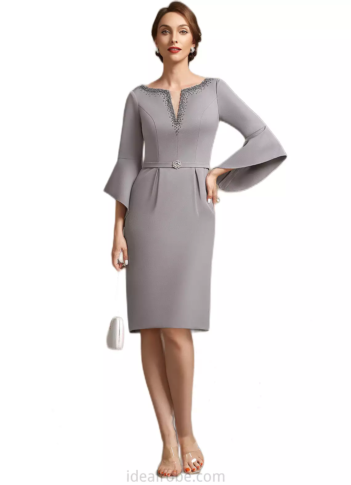 Lara Sheath/Column V-neck Knee-Length Stretch Crepe Mother of the Bride Dress With Beading STK126P0014928