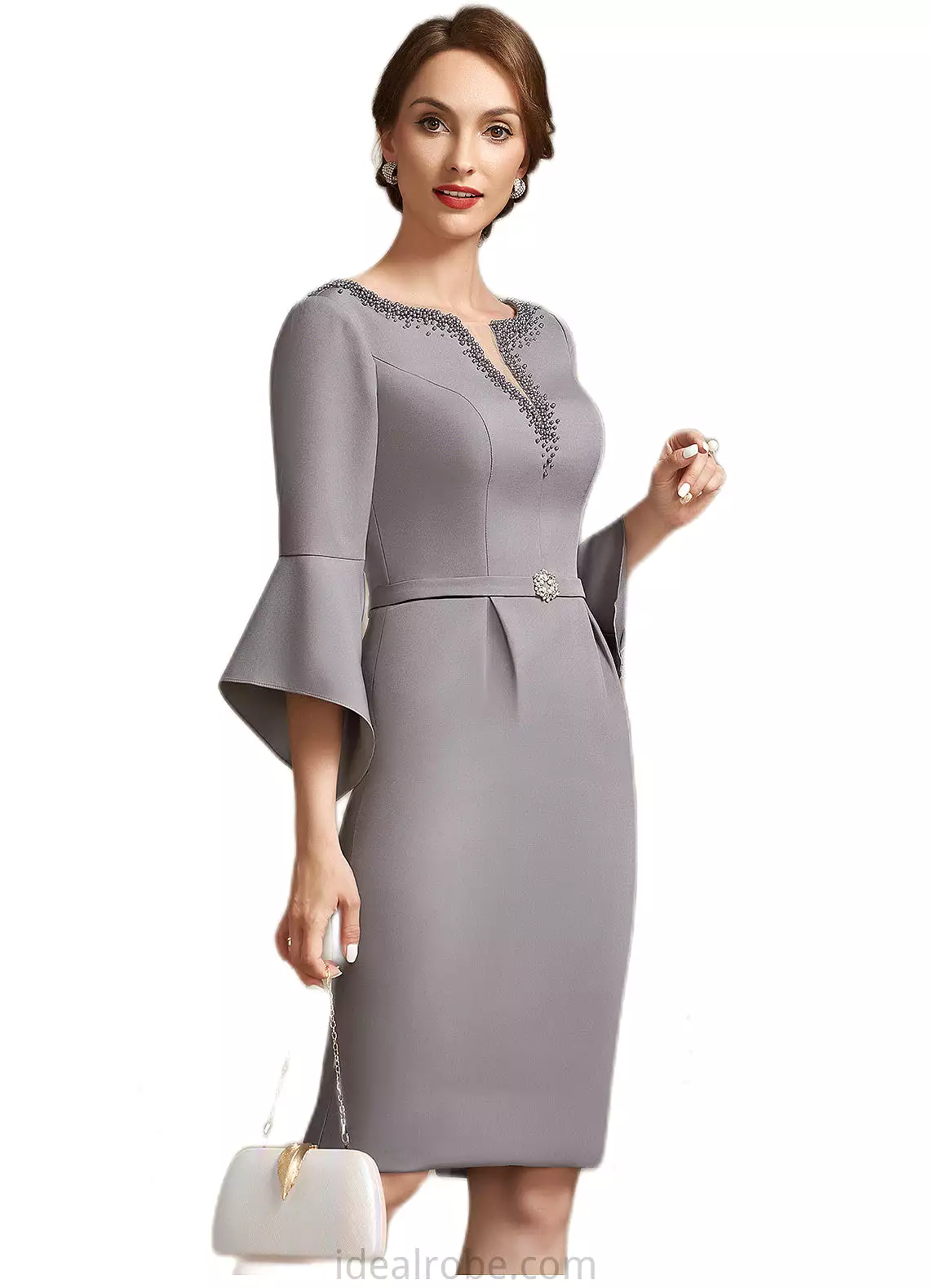 Lara Sheath/Column V-neck Knee-Length Stretch Crepe Mother of the Bride Dress With Beading STK126P0014928