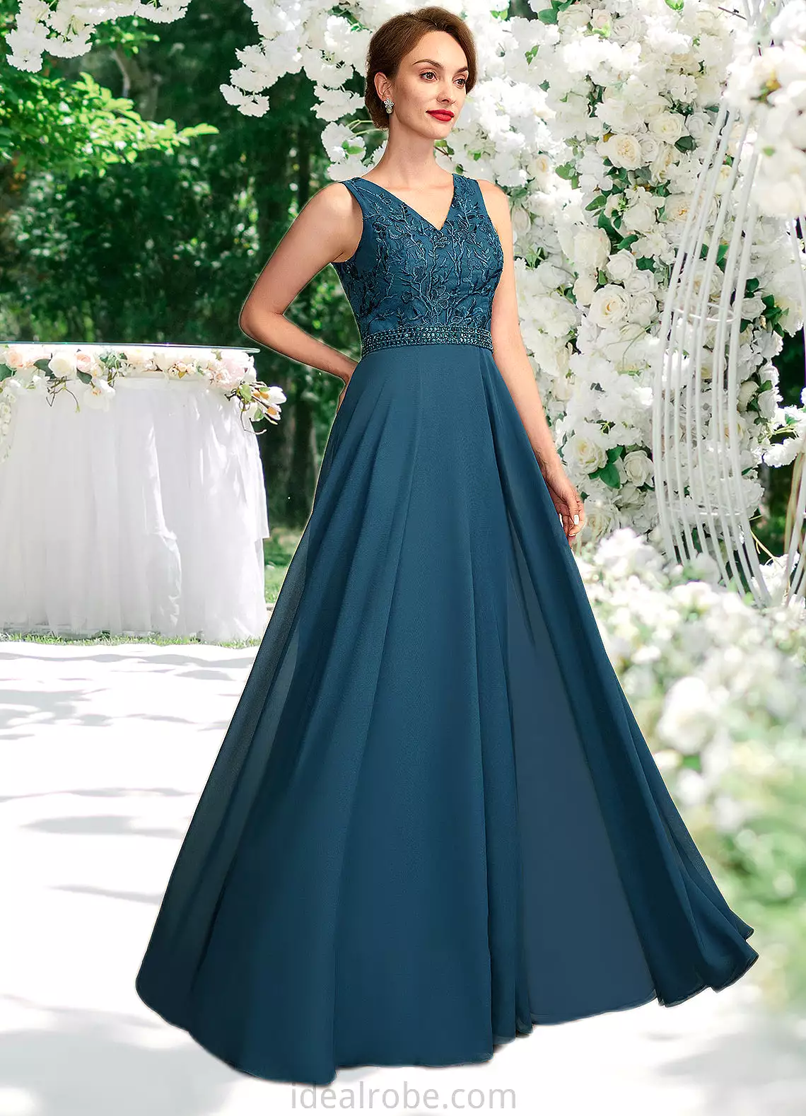 Lillian A-Line V-neck Floor-Length Chiffon Lace Mother of the Bride Dress With Beading Sequins STK126P0015004