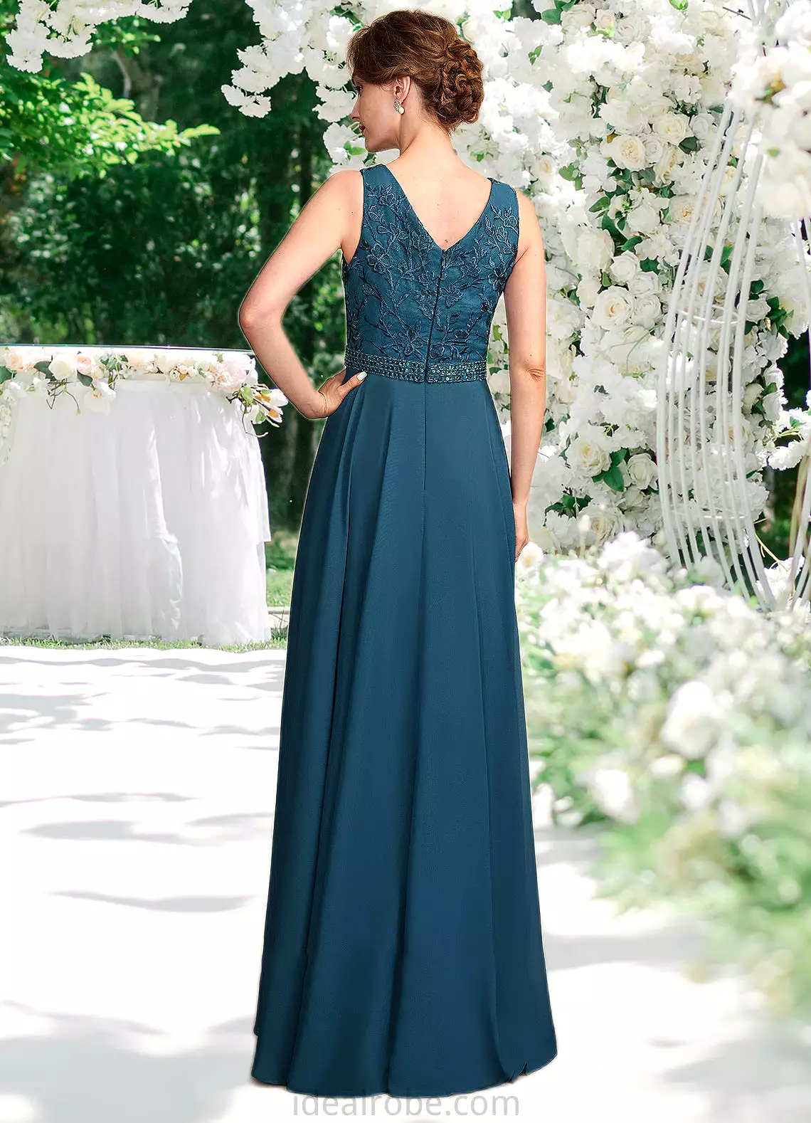 Lillian A-Line V-neck Floor-Length Chiffon Lace Mother of the Bride Dress With Beading Sequins STK126P0015004