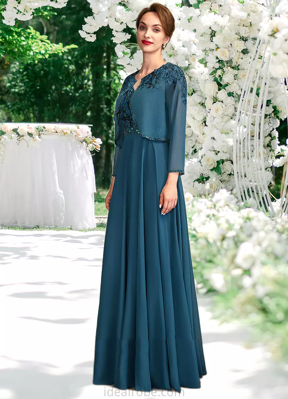 Lillian A-Line V-neck Floor-Length Chiffon Lace Mother of the Bride Dress With Beading Sequins STK126P0015004