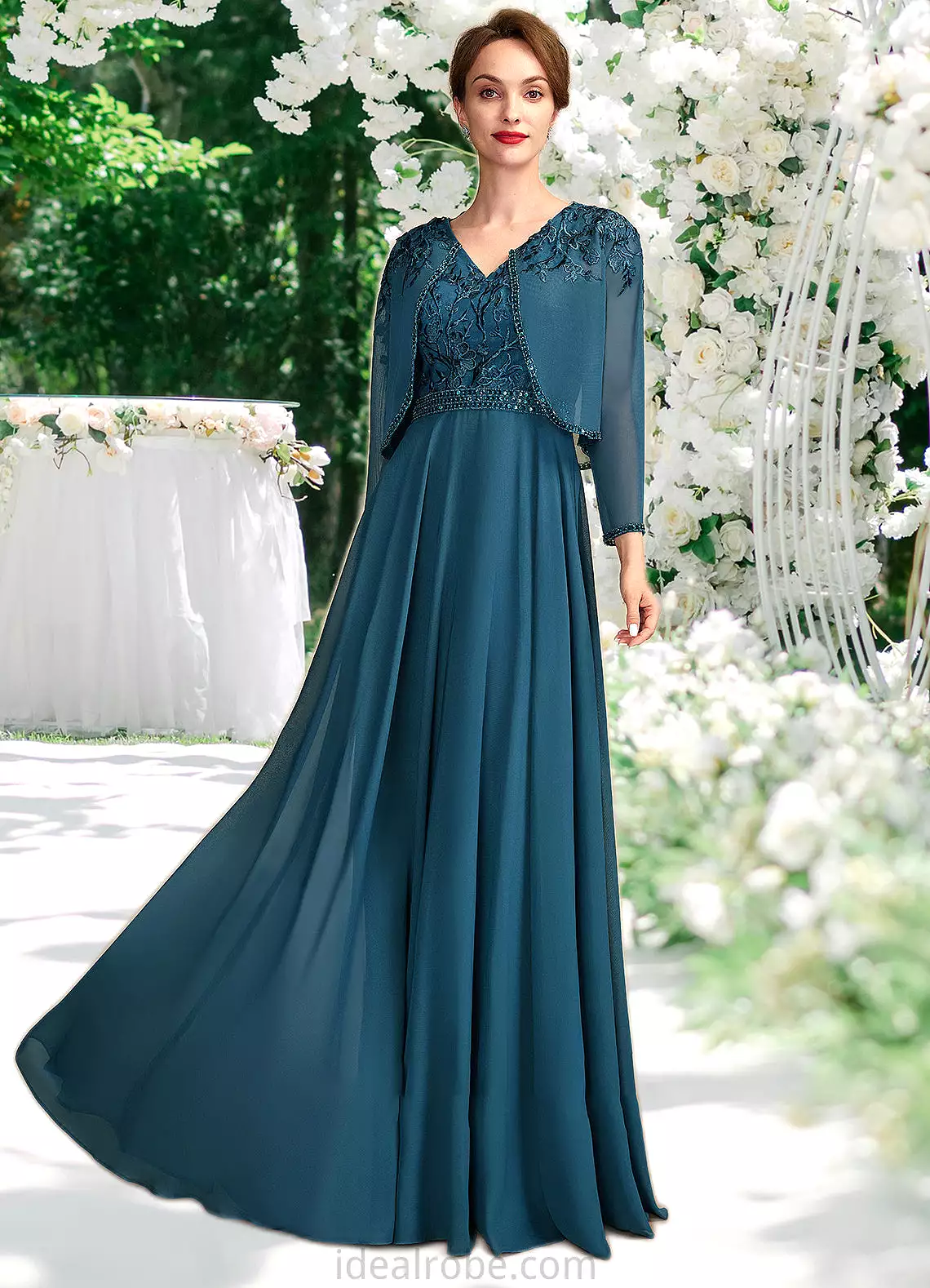 Lillian A-Line V-neck Floor-Length Chiffon Lace Mother of the Bride Dress With Beading Sequins STK126P0015004