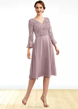 Madelyn A-Line V-neck Knee-Length Chiffon Lace Mother of the Bride Dress With Sequins Cascading Ruffles STK126P0014977