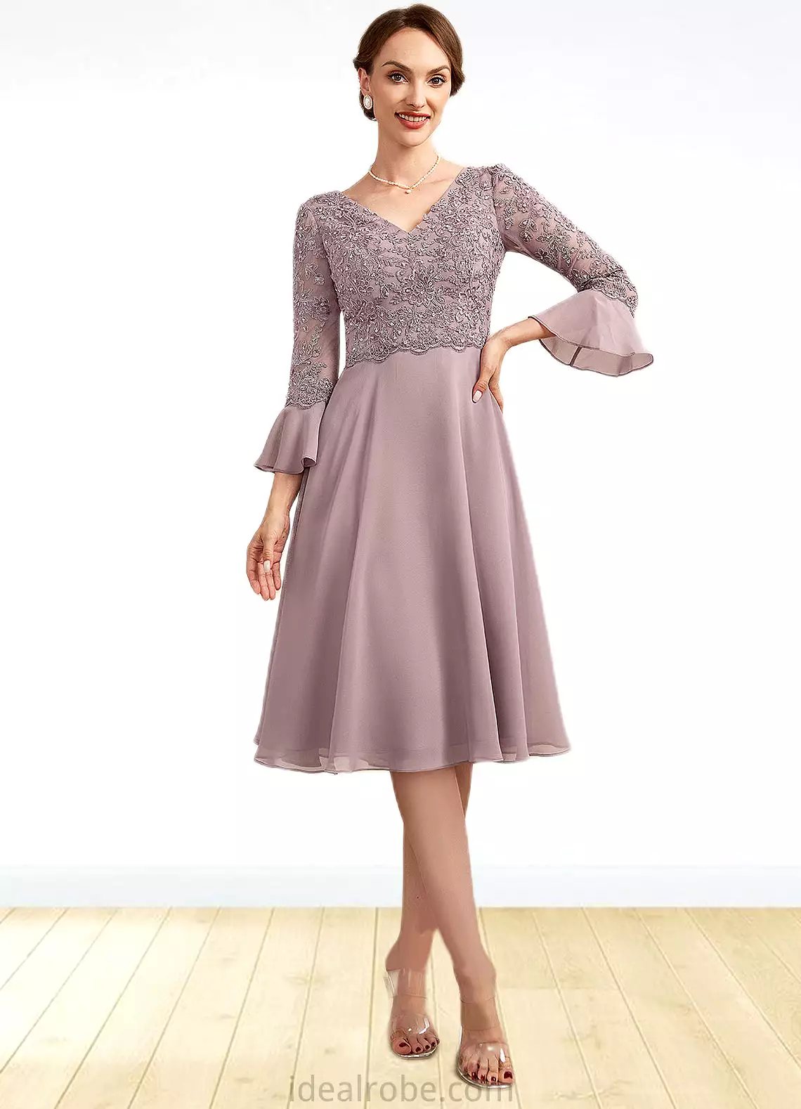 Madelyn A-Line V-neck Knee-Length Chiffon Lace Mother of the Bride Dress With Sequins Cascading Ruffles STK126P0014977