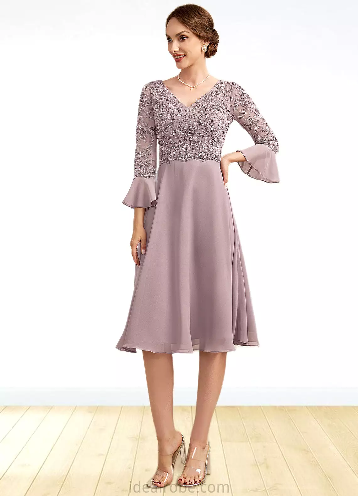 Madelyn A-Line V-neck Knee-Length Chiffon Lace Mother of the Bride Dress With Sequins Cascading Ruffles STK126P0014977