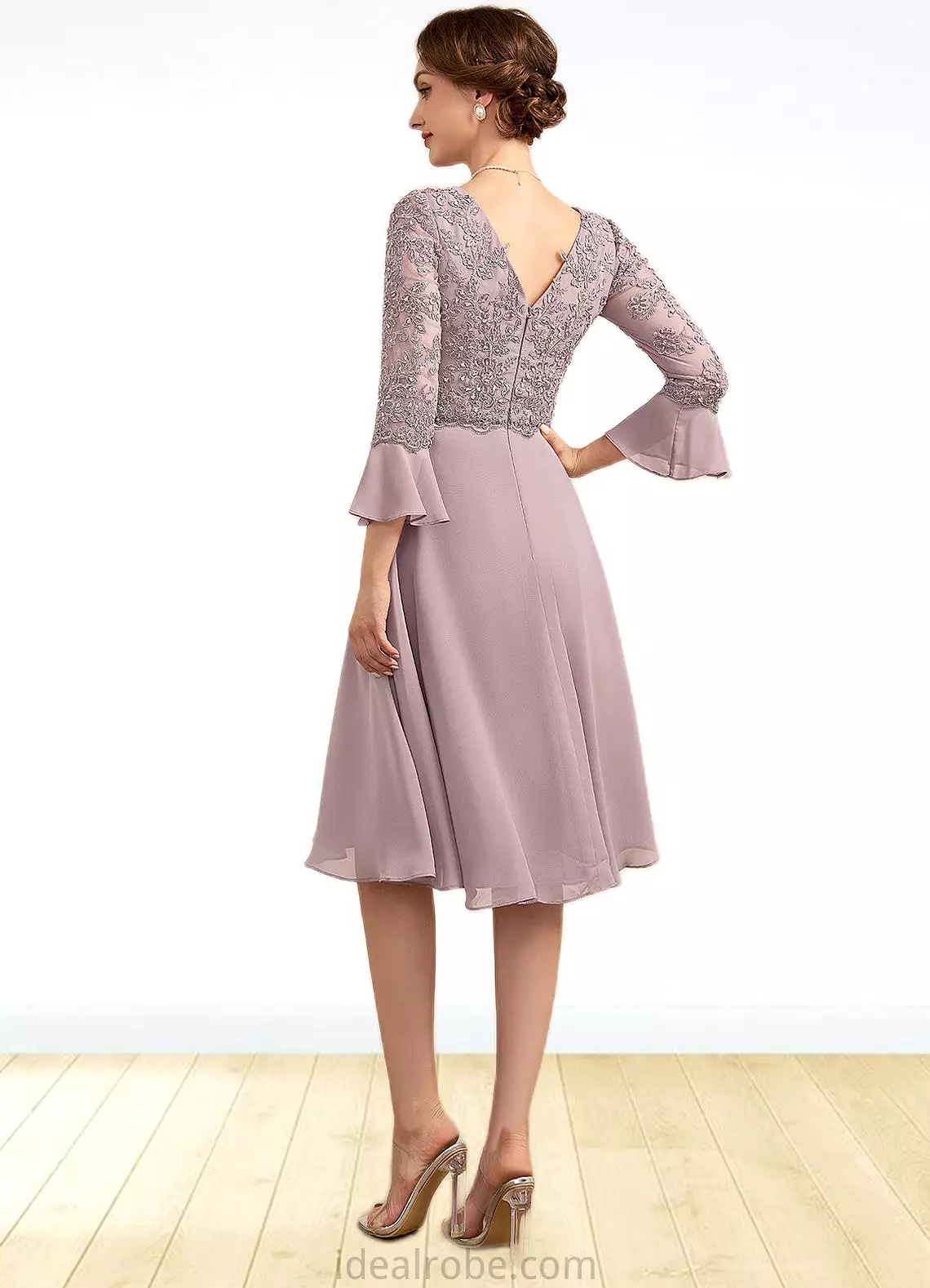 Madelyn A-Line V-neck Knee-Length Chiffon Lace Mother of the Bride Dress With Sequins Cascading Ruffles STK126P0014977