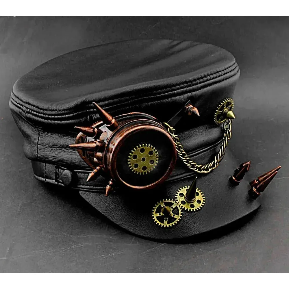 Men's Vintage Steampunk Spike Gear Genuine Leather Military Cap