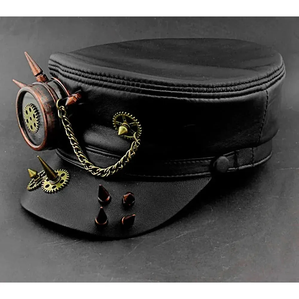 Men's Vintage Steampunk Spike Gear Genuine Leather Military Cap