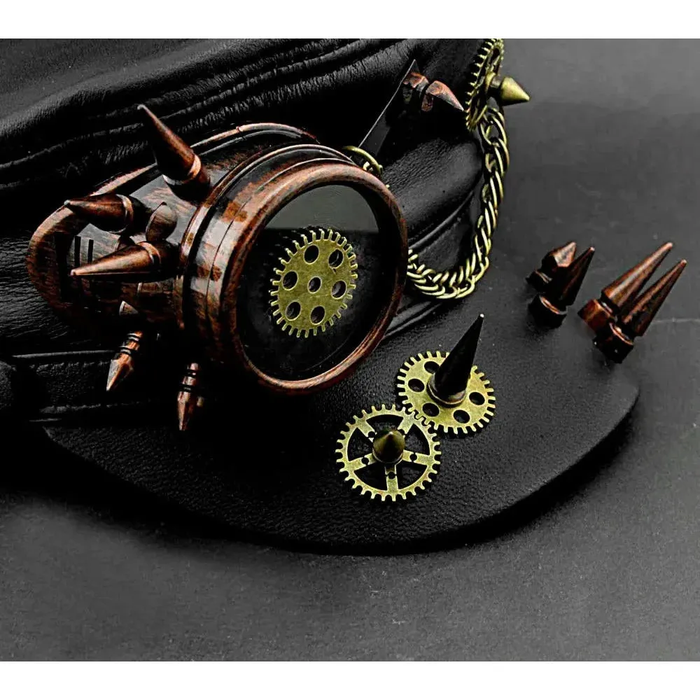 Men's Vintage Steampunk Spike Gear Genuine Leather Military Cap