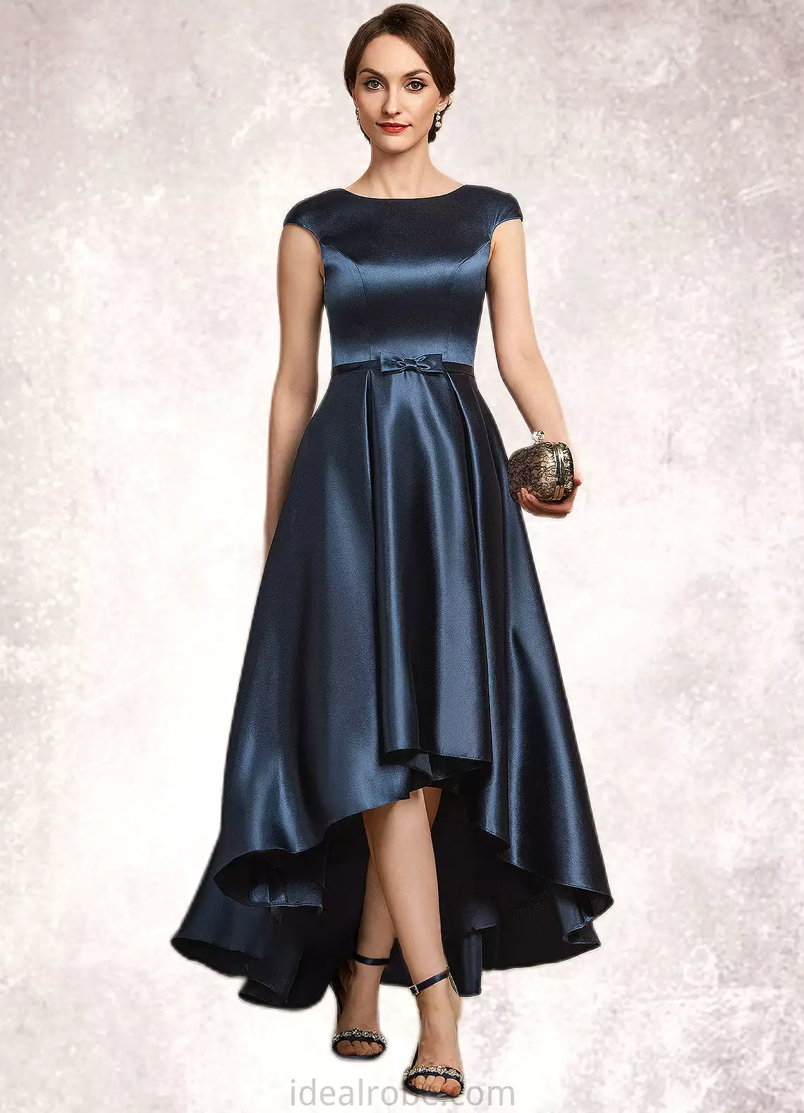 Olive A-Line Scoop Neck Asymmetrical Satin Mother of the Bride Dress With Bow(s) Pockets STK126P0014976