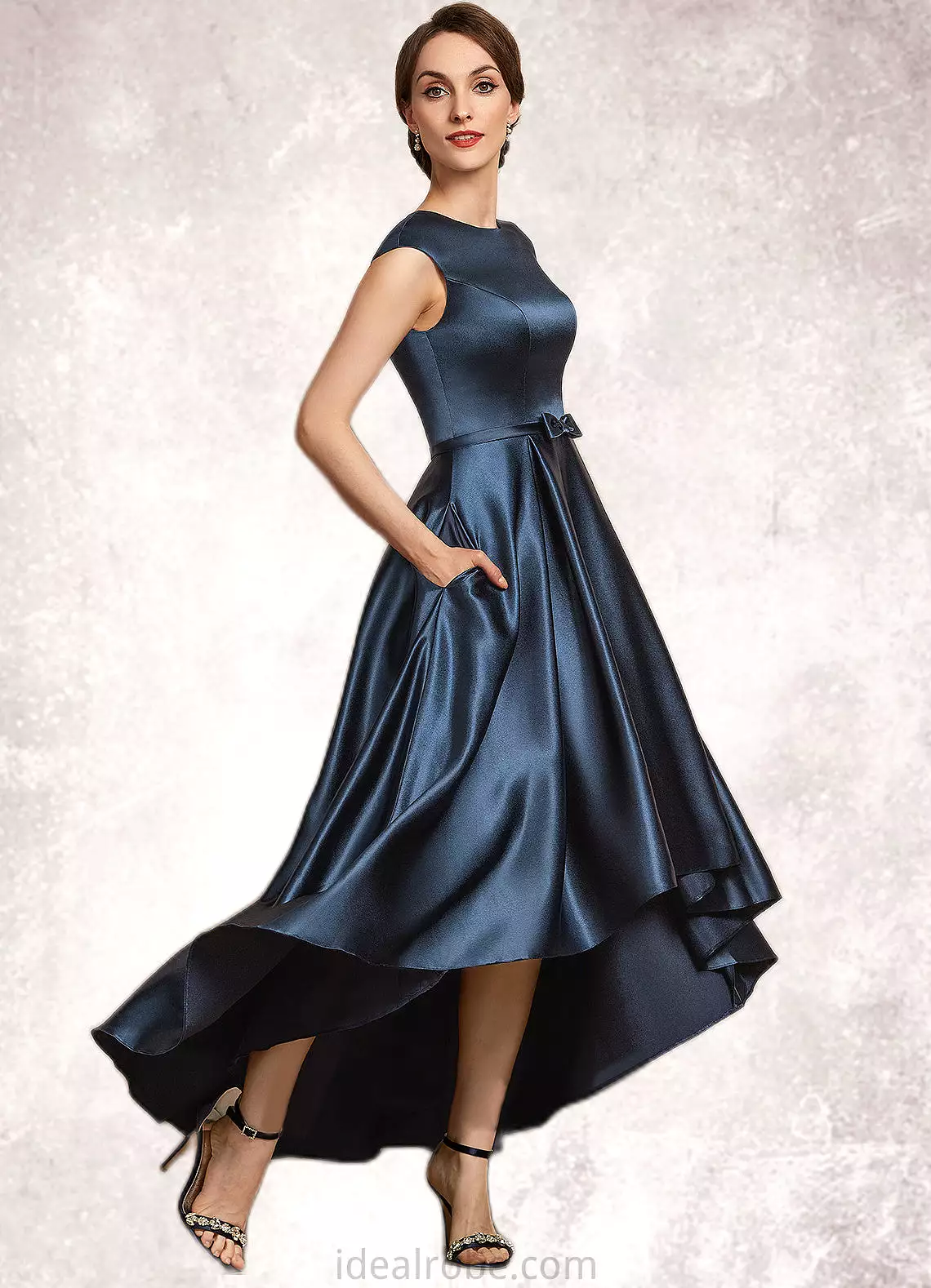 Olive A-Line Scoop Neck Asymmetrical Satin Mother of the Bride Dress With Bow(s) Pockets STK126P0014976