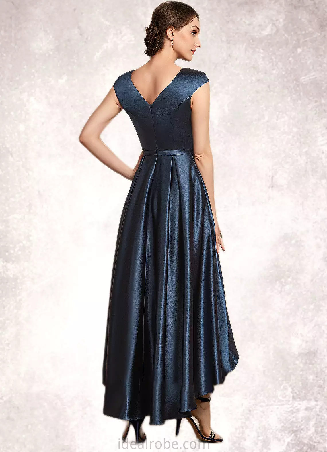 Olive A-Line Scoop Neck Asymmetrical Satin Mother of the Bride Dress With Bow(s) Pockets STK126P0014976