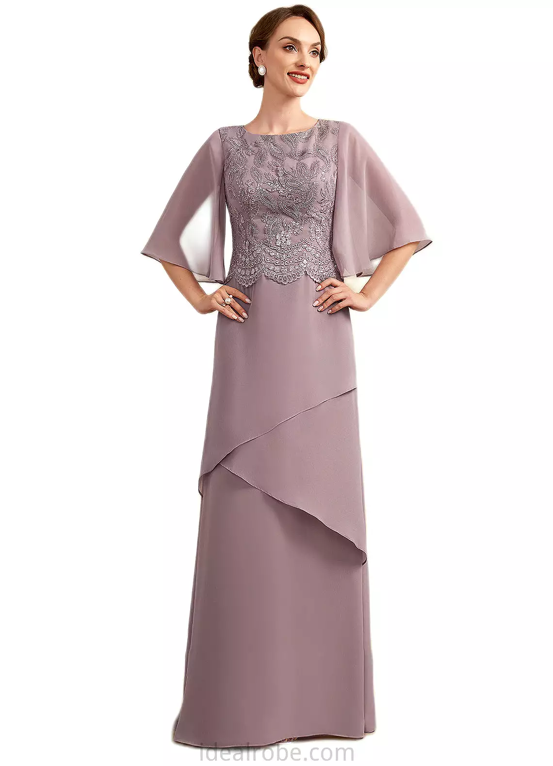 Paisley A-Line Scoop Neck Floor-Length Chiffon Lace Mother of the Bride Dress With Sequins Cascading Ruffles STK126P0014991