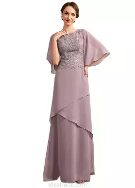 Paisley A-Line Scoop Neck Floor-Length Chiffon Lace Mother of the Bride Dress With Sequins Cascading Ruffles STK126P0014991