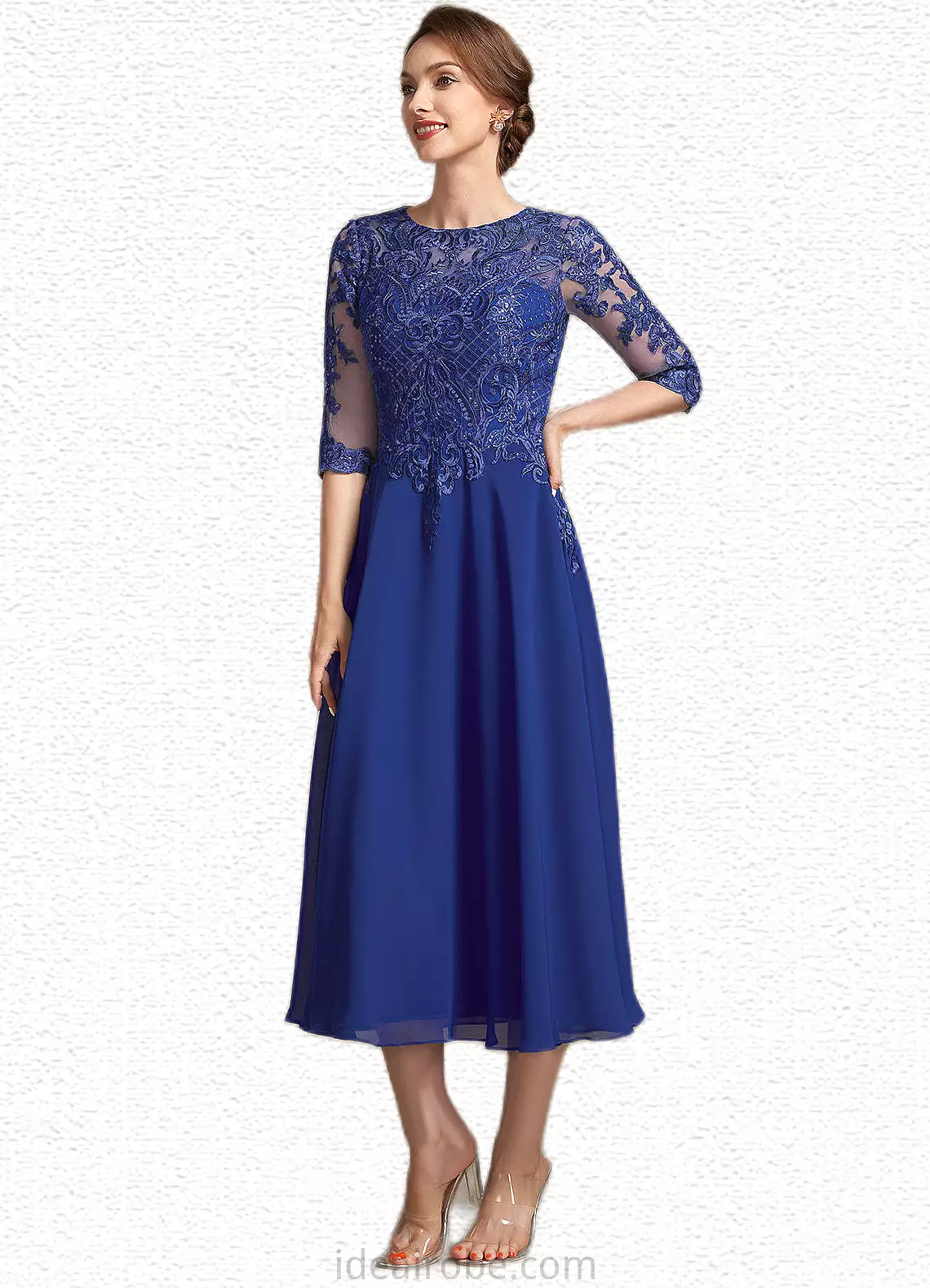 Pamela A-Line Scoop Neck Tea-Length Chiffon Lace Mother of the Bride Dress With Sequins STK126P0014959