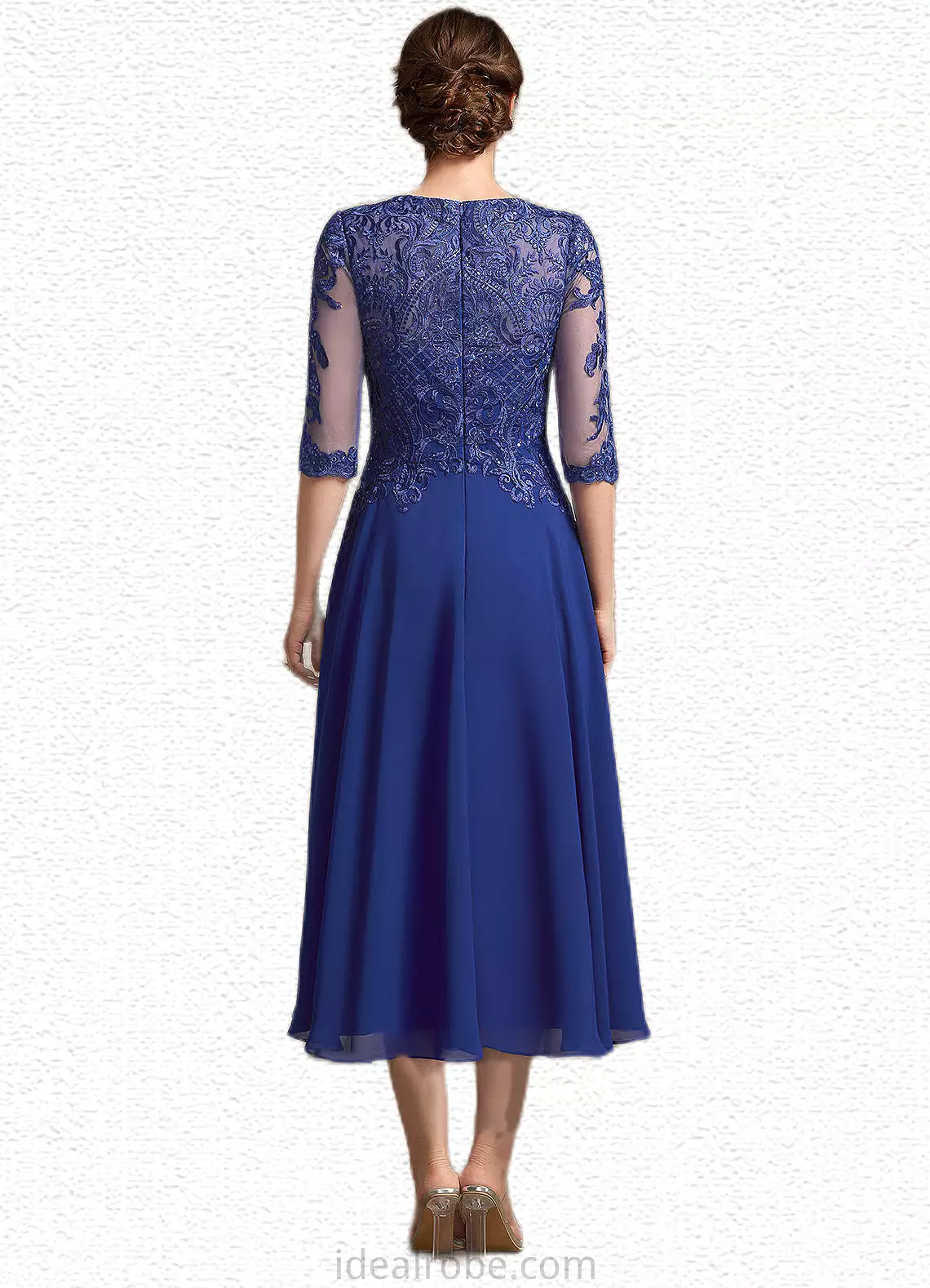 Pamela A-Line Scoop Neck Tea-Length Chiffon Lace Mother of the Bride Dress With Sequins STK126P0014959