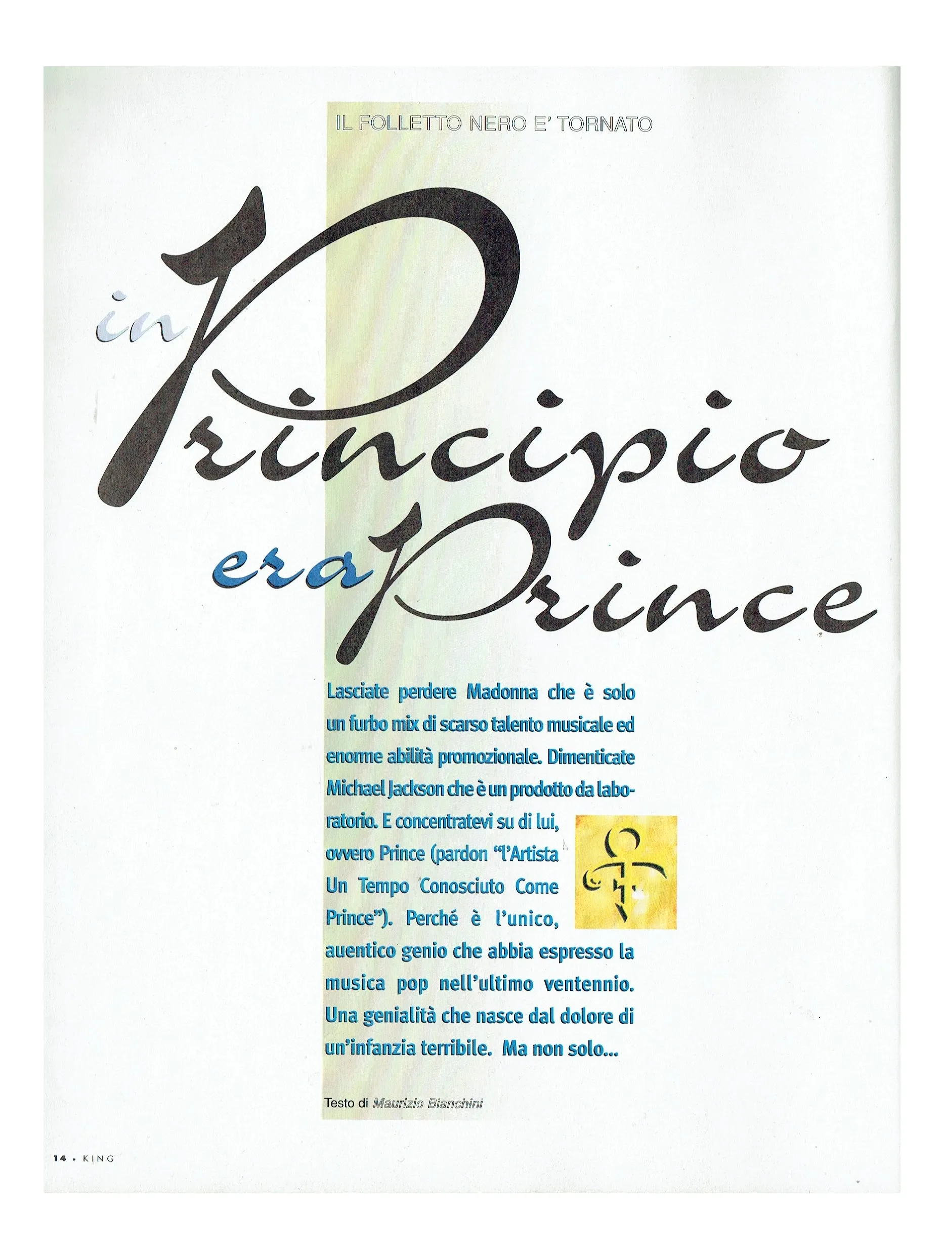 Prince – KinG Magazine October 1995 Prince Cover & 5 Page Article Italian Superb