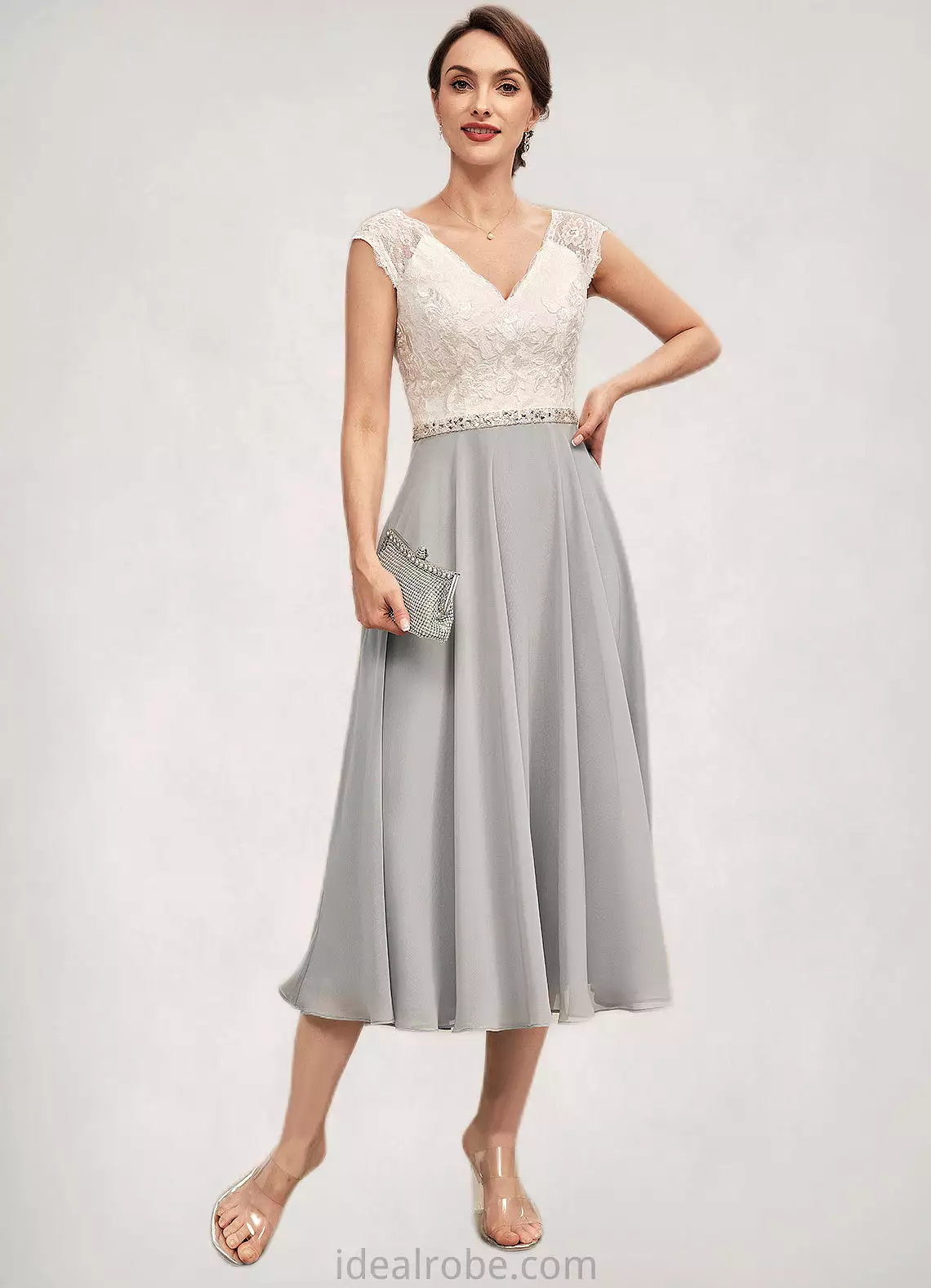 Regan A-Line V-neck Tea-Length Chiffon Lace Mother of the Bride Dress With Beading STK126P0014919