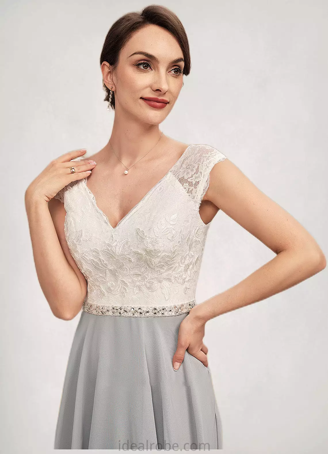 Regan A-Line V-neck Tea-Length Chiffon Lace Mother of the Bride Dress With Beading STK126P0014919