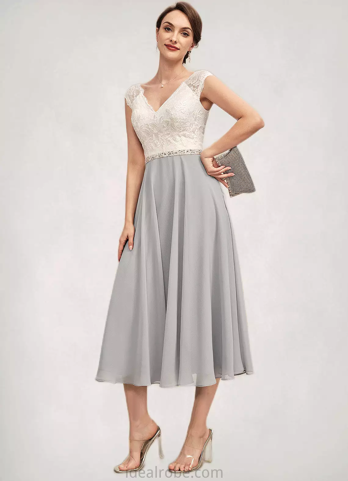 Regan A-Line V-neck Tea-Length Chiffon Lace Mother of the Bride Dress With Beading STK126P0014919