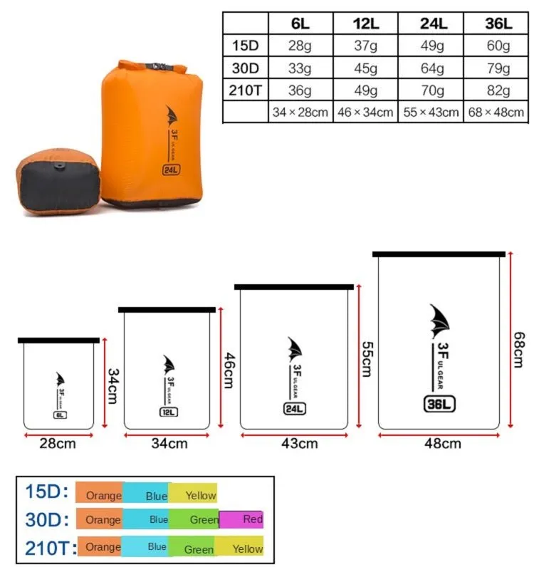 Sac de rangement étanche et ultraléger 6/12/24/36L 3F UL GEAR - Waterproof bag